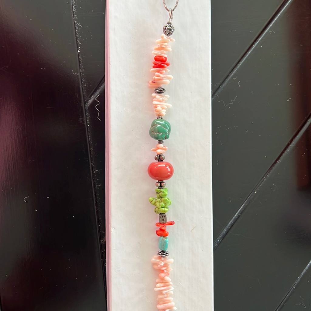 Desert Heart Bead And Coral Bracelet. Colorful Beads Peach, Green And Blue
